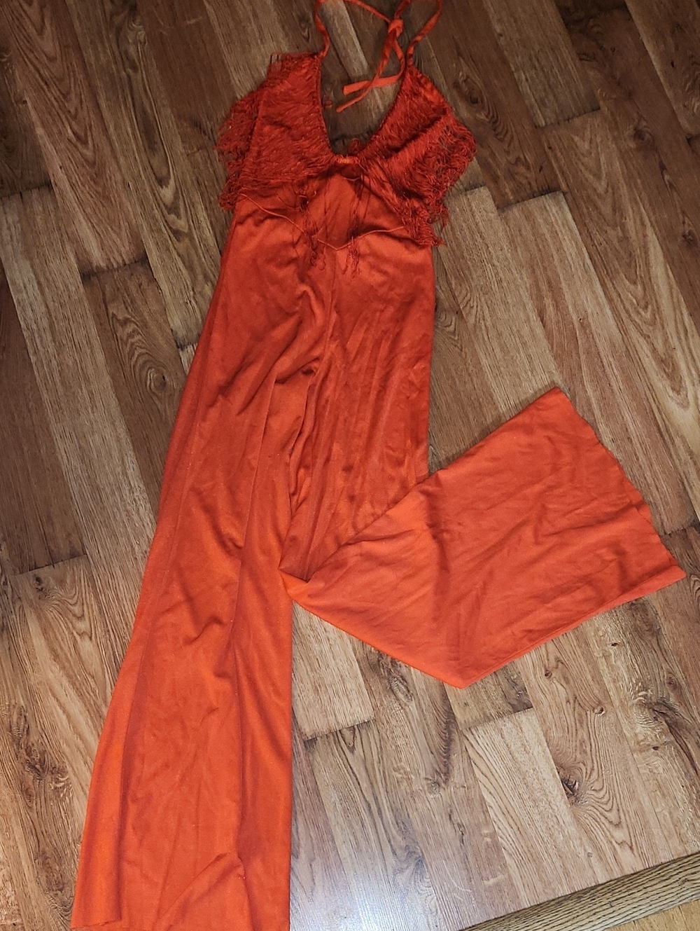 VTG 70s Red Halter Fringe Trim Jumpsuit *RARE*
